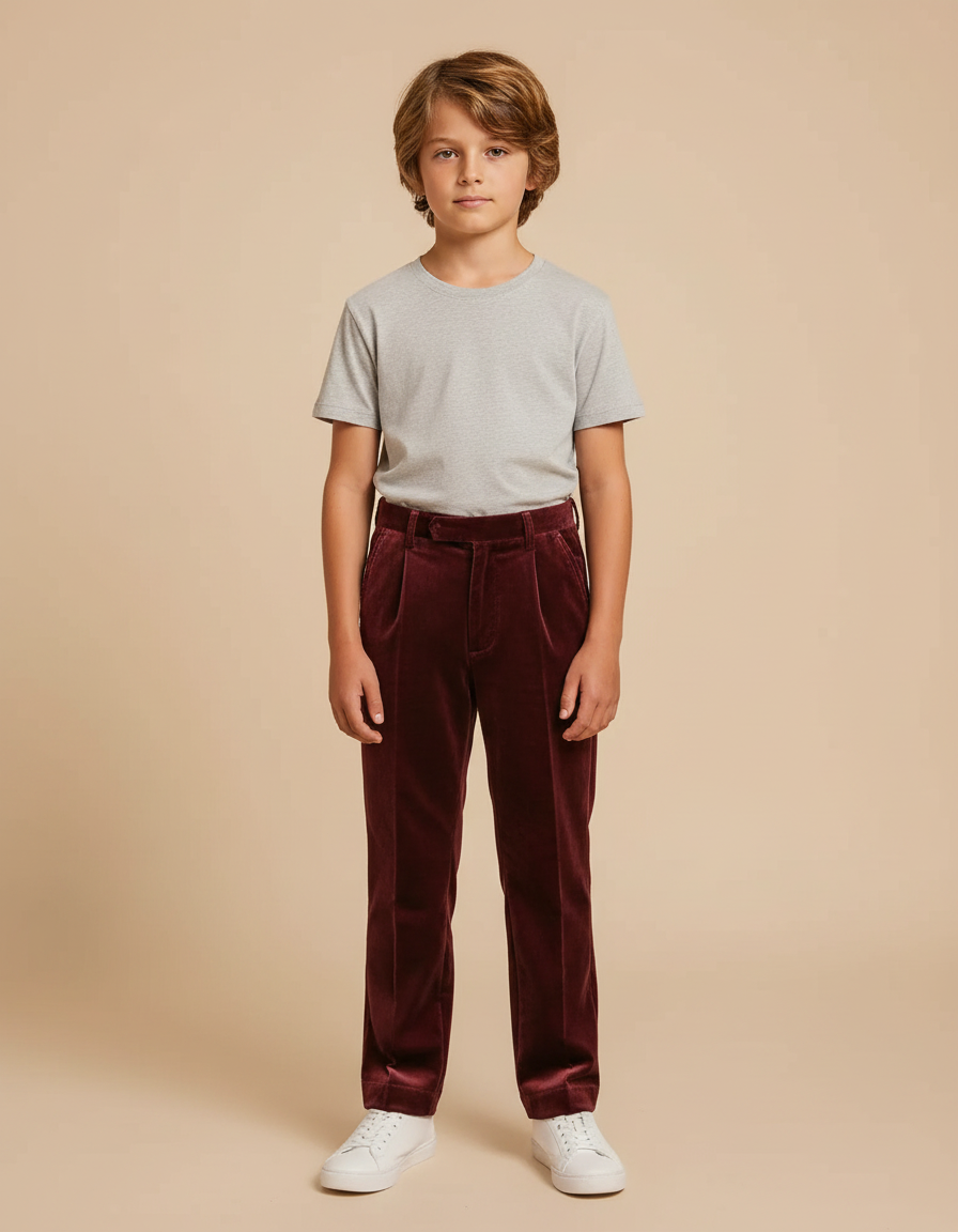 Pantalon Velours Bordeaux Plissé Droit Enfant Élégant - Cordé