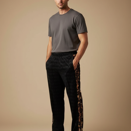 Pantalon Velours Noir Léopard Ample Homme Décontracté