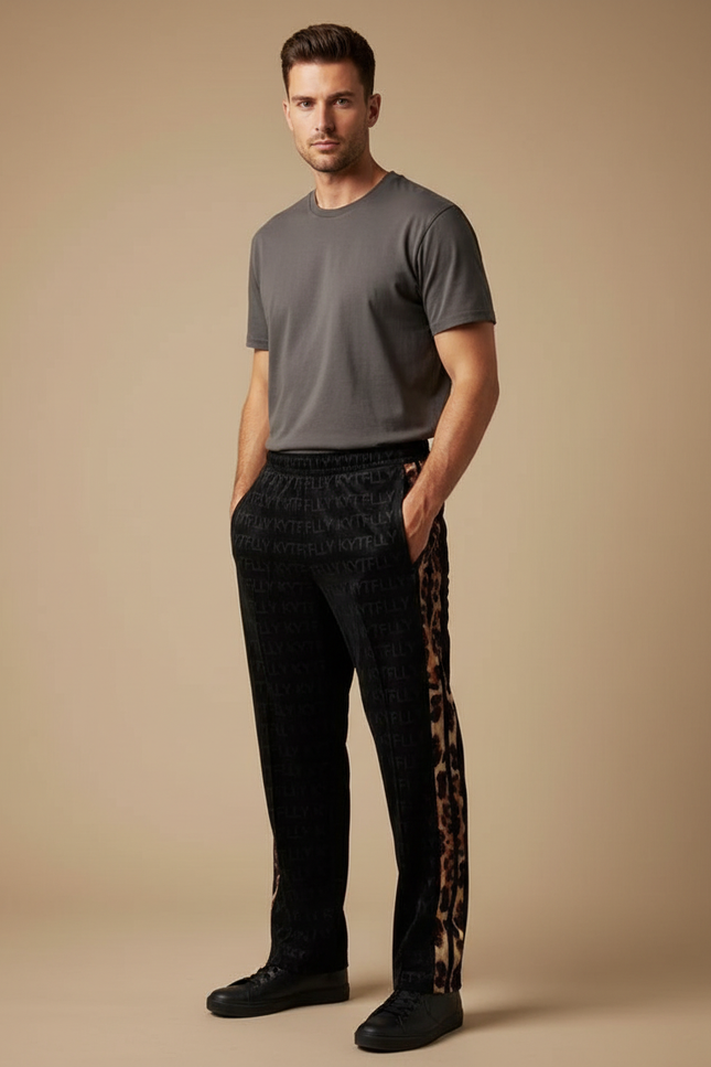 Pantalon Velours Noir Léopard Ample Homme Décontracté