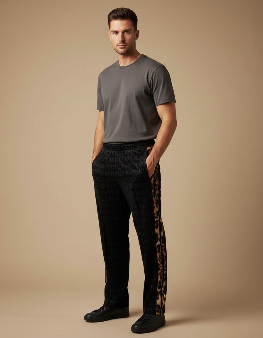 Pantalon Velours Noir Léopard Ample Homme Décontracté
