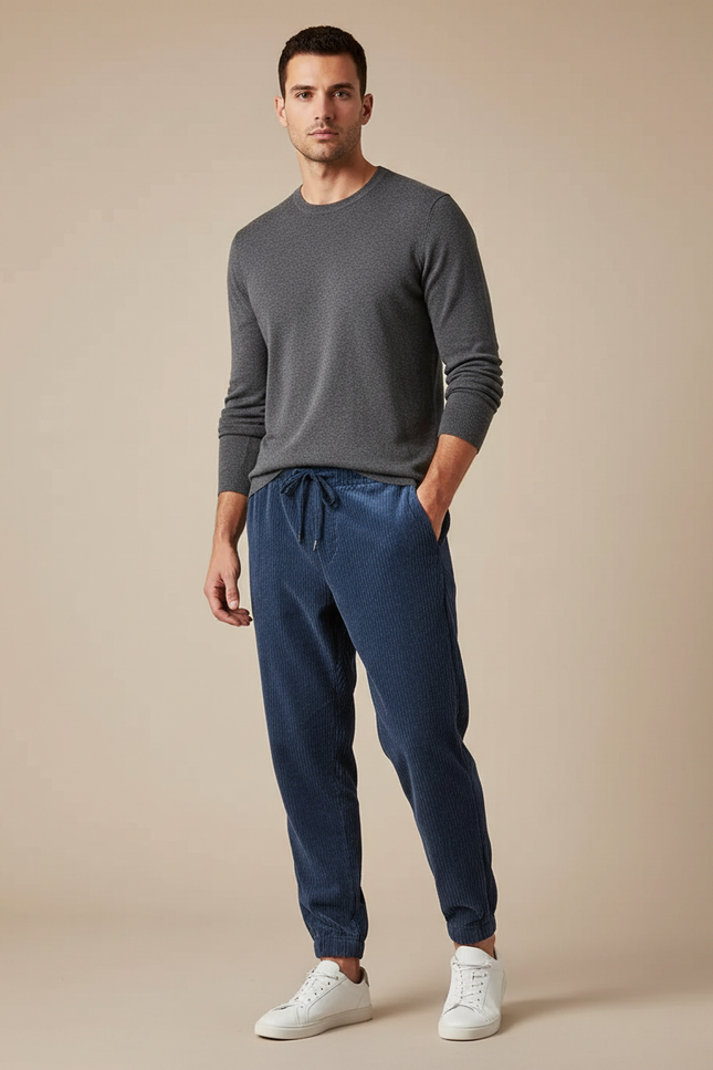 Pantalon Velours Côtelé Bleu Fuselé Décontracté Homme - Marine Cordé
