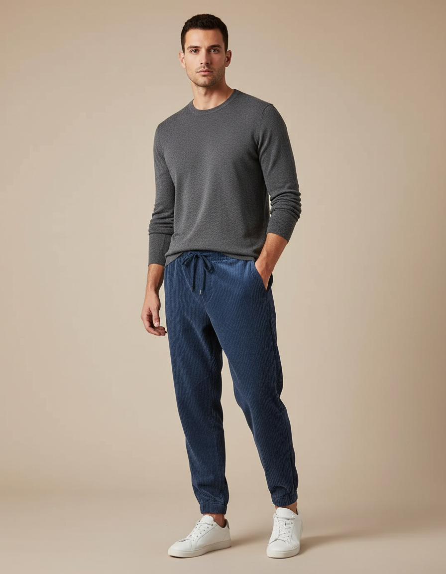 Pantalon Velours Côtelé Bleu Fuselé Décontracté Homme - Marine Cordé