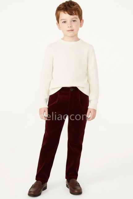 Pantalon Velours Bordeaux Droit Enfant Élégant