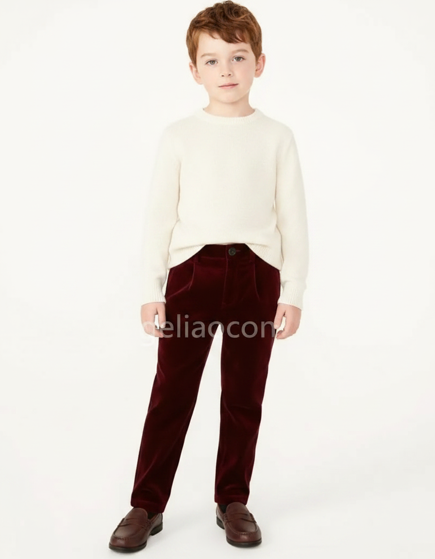 Pantalon Velours Bordeaux Droit Enfant Élégant