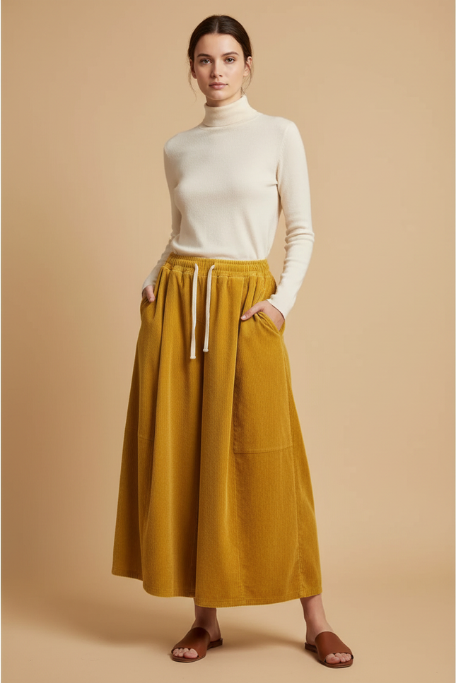 Pantalon Velours Jaune Ample Côtelé Décontracté Femme - Cordé