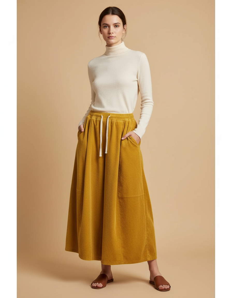 Pantalon Velours Jaune Ample Côtelé Décontracté Femme - Cordé
