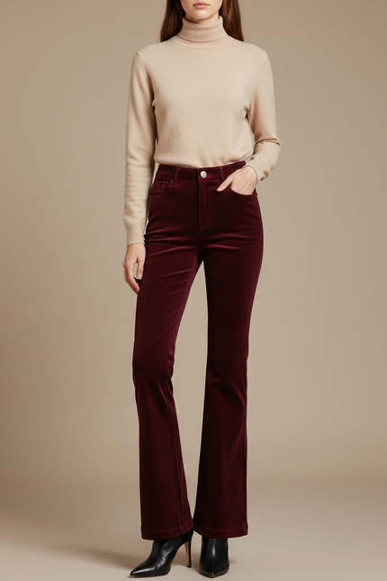 Pantalon Flare Velours Côtelé Femme - Bordeaux Cordé