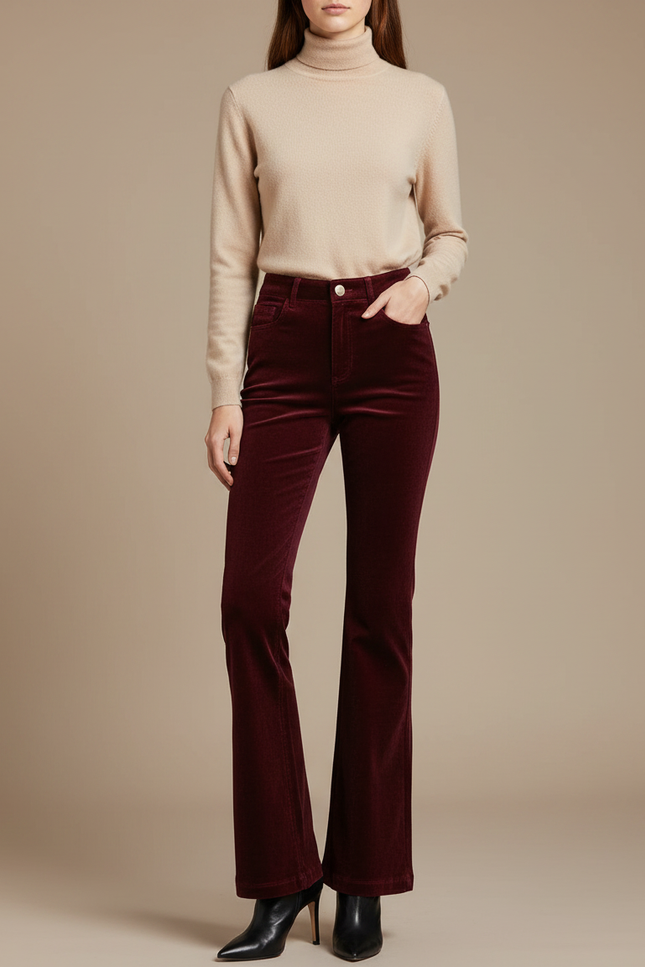 Pantalon Flare Velours Côtelé Femme - Bordeaux Cordé