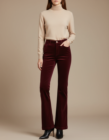 Pantalon Flare Velours Côtelé Femme - Bordeaux Cordé