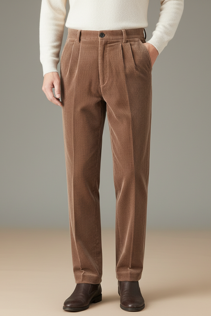 Pantalon Velours Marron Côtelé Plissé Droit Homme - Cordé