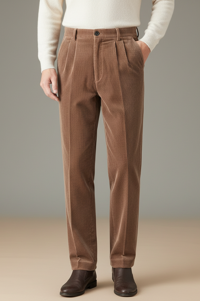 Pantalon Velours Marron Côtelé Plissé Droit Homme - Cordé
