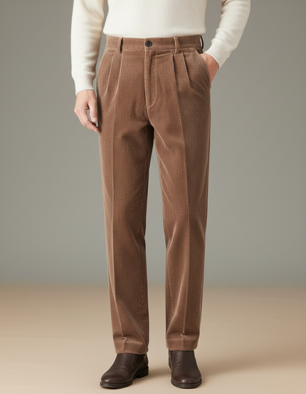 Pantalon Velours Marron Côtelé Plissé Droit Homme - Cordé