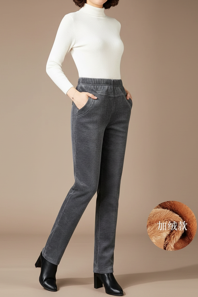 Pantalon Velours Côtelé Droit Gris Élastique Femme Hiver - Cordé