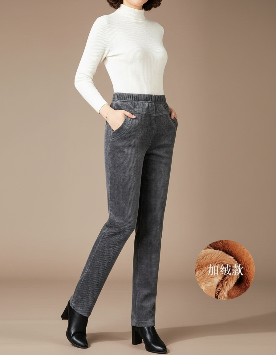 Pantalon Velours Côtelé Droit Gris Élastique Femme Hiver - Cordé