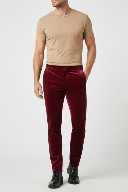 Pantalon Velours Rouge Bordeau Côtelé Slim Élégant Homme - Bordeaux Cordé