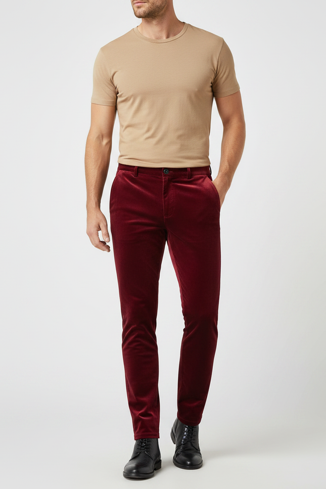 Pantalon Velours Rouge Bordeau Côtelé Slim Élégant Homme - Bordeaux Cordé
