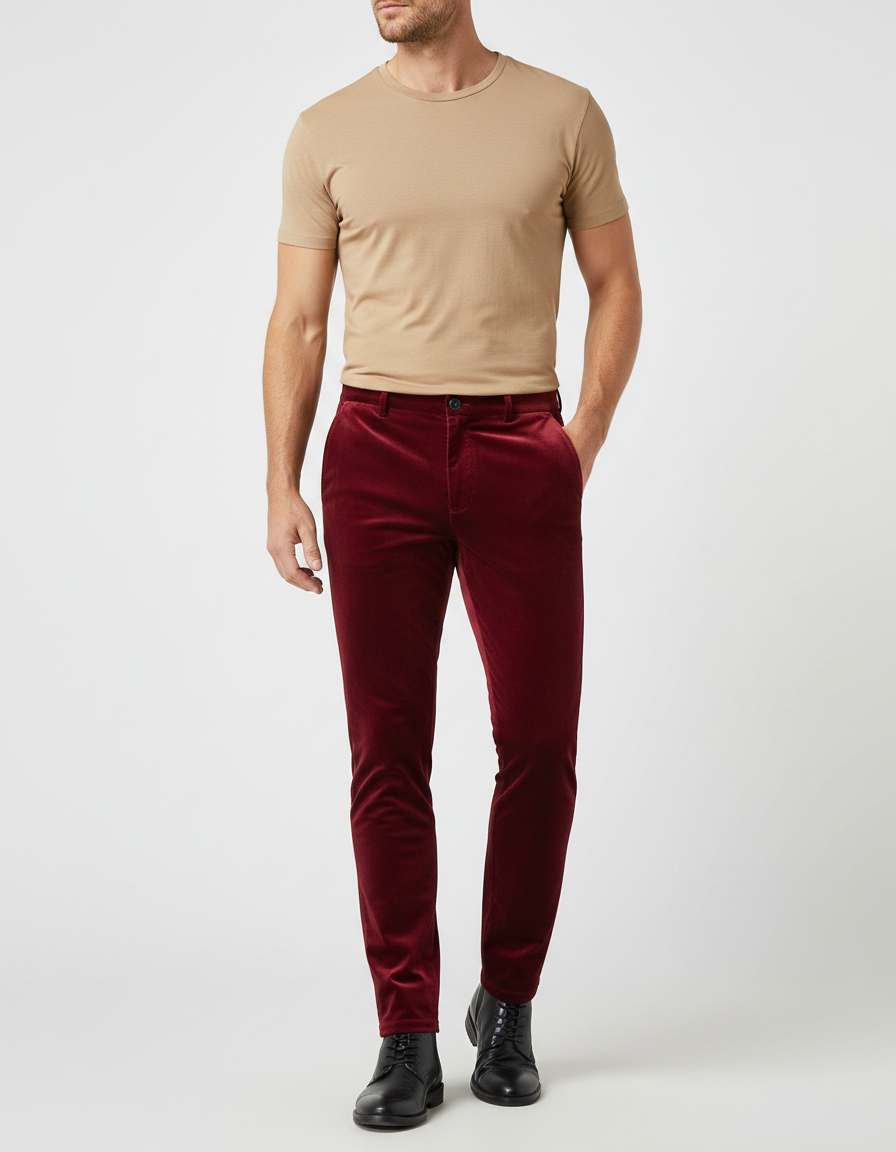 Pantalon Velours Rouge Bordeau Côtelé Slim Élégant Homme - Bordeaux Cordé