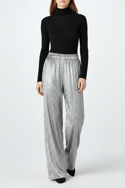 Pantalon Velours Argenté Large Brillant Fluide Femme