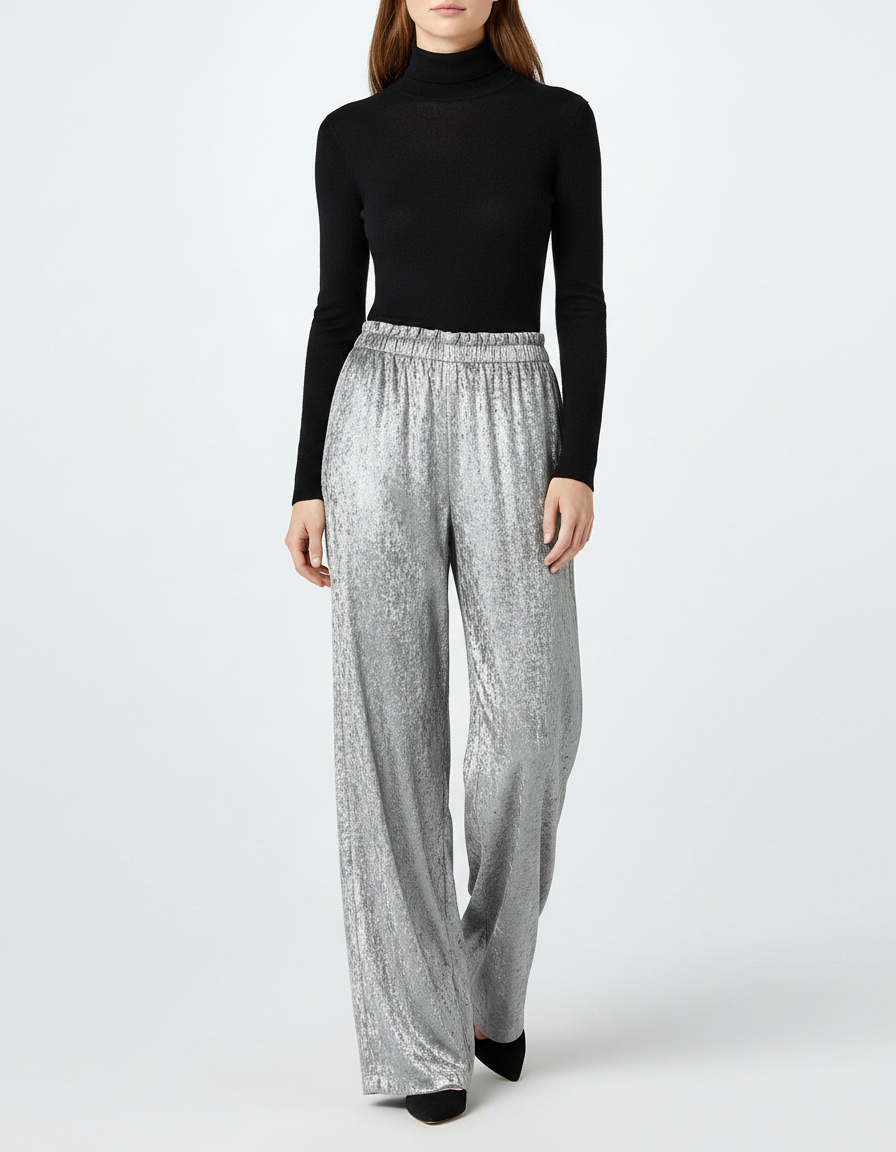 Pantalon Velours Argenté Large Brillant Fluide Femme