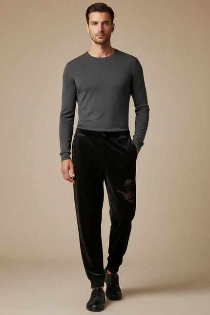 Pantalon Velours Noir Imprimé Dragon Homme Décontracté
