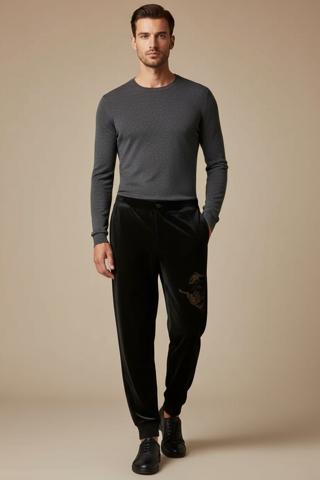Pantalon Velours Noir Imprimé Dragon Homme Décontracté