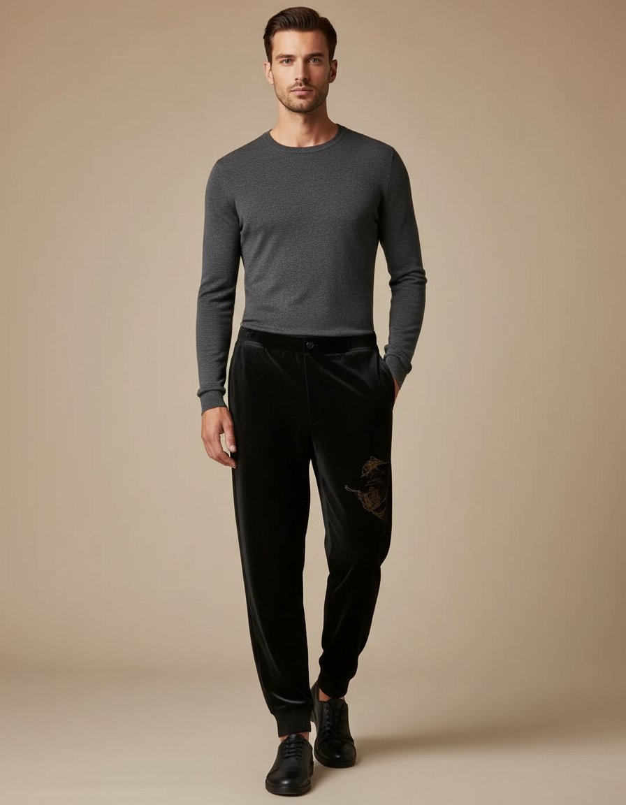 Pantalon Velours Noir Imprimé Dragon Homme Décontracté