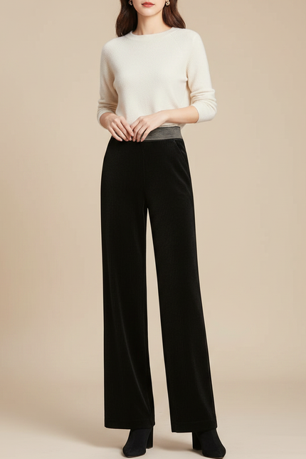 Pantalon Velours Noir Côtelé Large Femme Élégant - Cordé