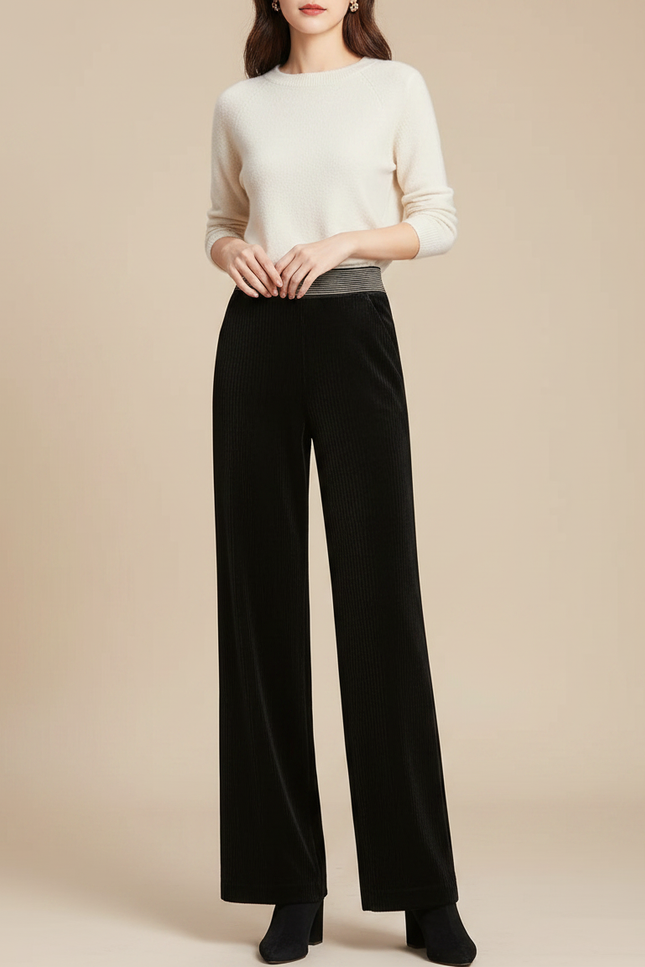 Pantalon Velours Noir Côtelé Large Femme Élégant - Cordé