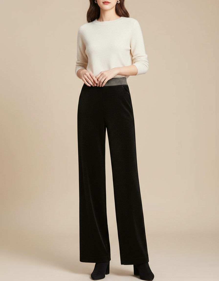 Pantalon Velours Noir Côtelé Large Femme Élégant - Cordé