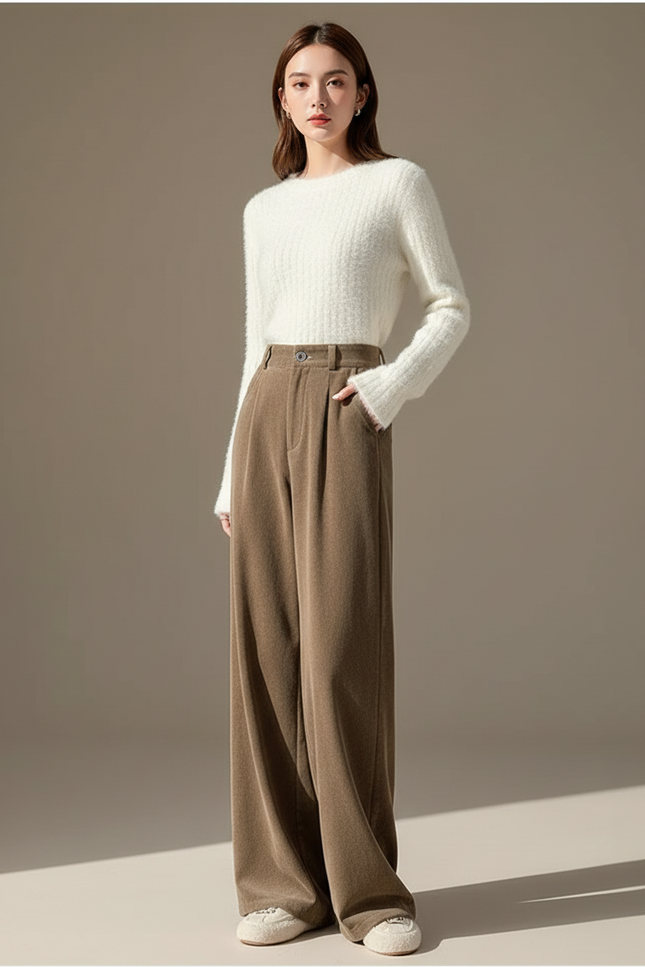 Pantalon Velours Marron Taille Haute Ample Hiver