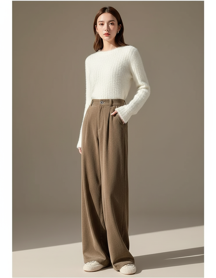 Pantalon Velours Marron Taille Haute Ample Hiver