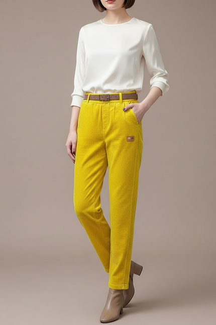 Pantalon Velours Jaune Côtelé Droit Taille Haute