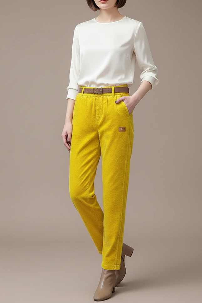 Pantalon Velours Jaune Côtelé Droit Taille Haute
