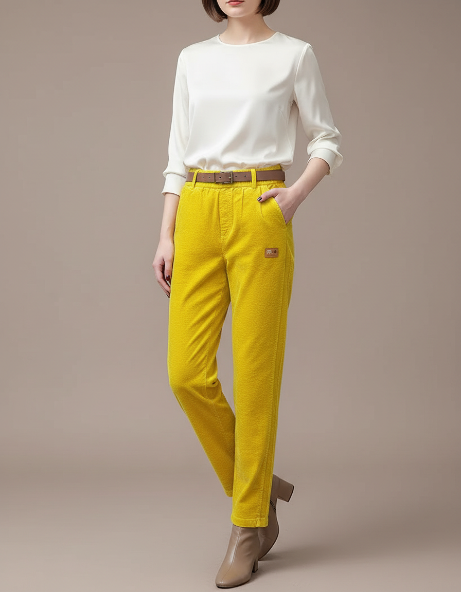 Pantalon Velours Jaune Côtelé Droit Taille Haute