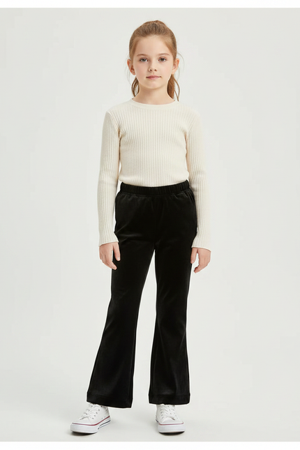 Pantalon Velours Noir Évasé Côtelé Fille - Cordé