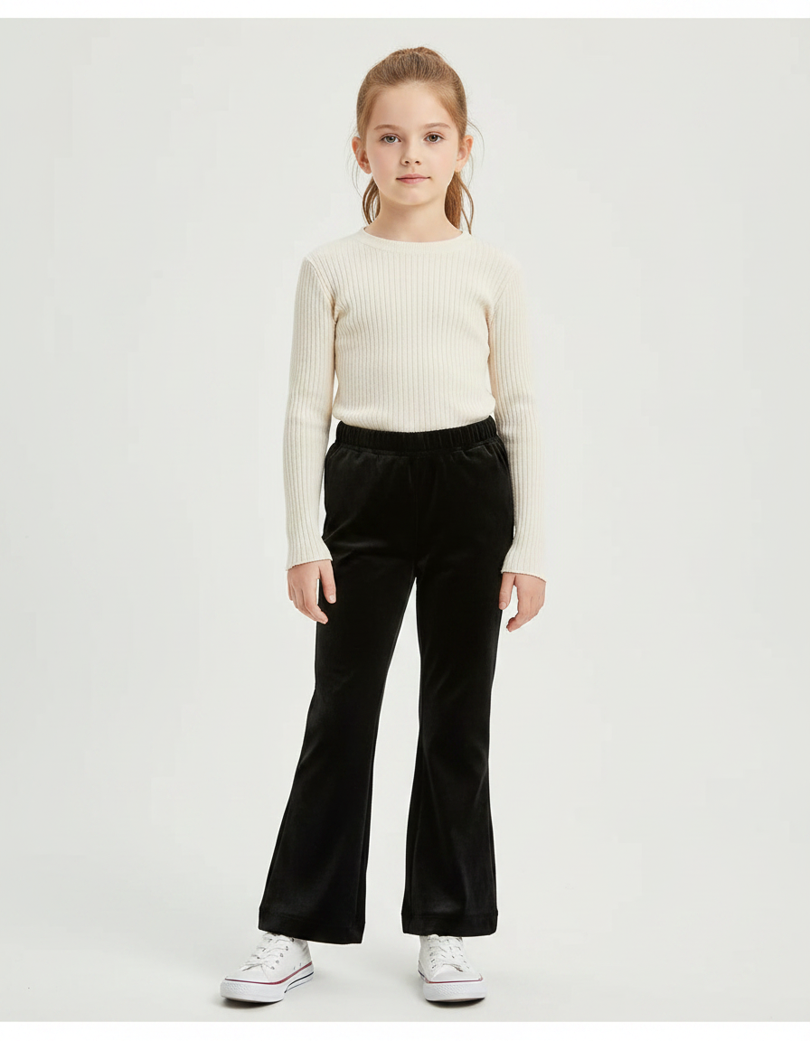 Pantalon Velours Noir Évasé Côtelé Fille - Cordé