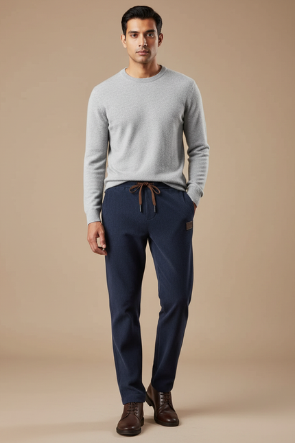 Pantalon Velours Homme Côtelé Droit Bleu Marine Cordon