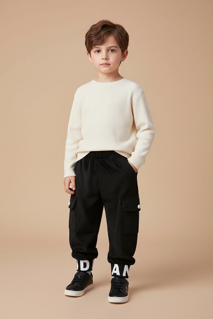 Pantalon Velours Noir Côtelé Cargo Imprimé Garçon - Cordé