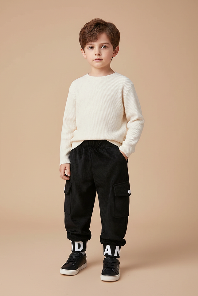Pantalon Velours Noir Côtelé Cargo Imprimé Garçon - Cordé