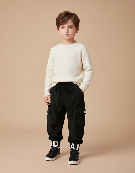 Pantalon Velours Noir Côtelé Cargo Imprimé Garçon - Cordé