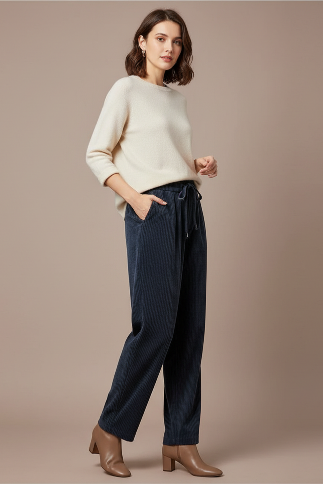 Pantalon Velours Femme Marine - Cordé
