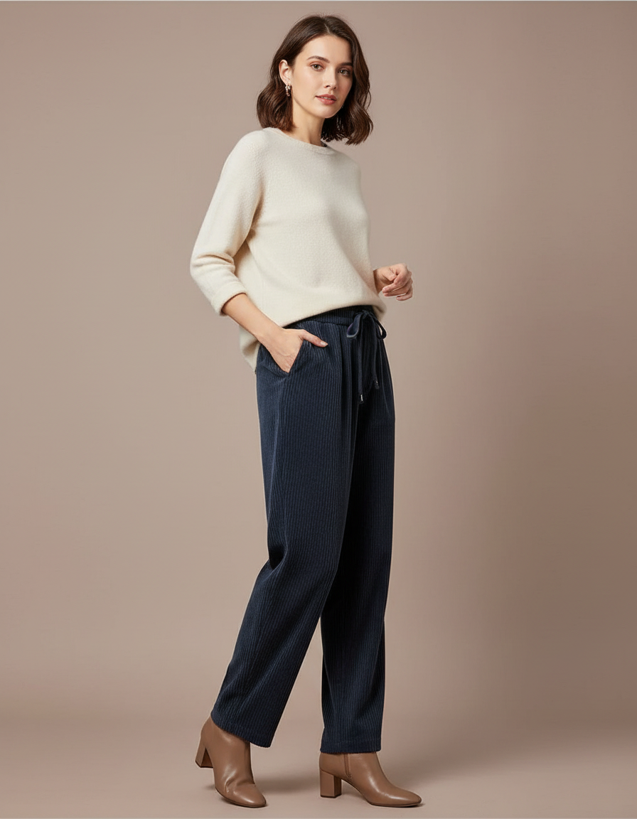 Pantalon Velours Femme Marine - Cordé