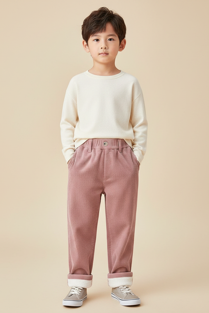 Pantalon Velours Rose Côtelé Doublé Chaud Ample Enfant