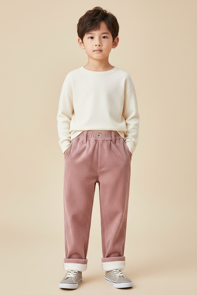 Pantalon Velours Rose Côtelé Doublé Chaud Ample Enfant