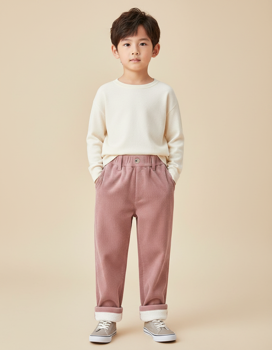 Pantalon Velours Rose Côtelé Doublé Chaud Ample Enfant