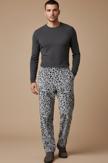 Pantalon Velours Léopard Gris Confortable Homme Hiver