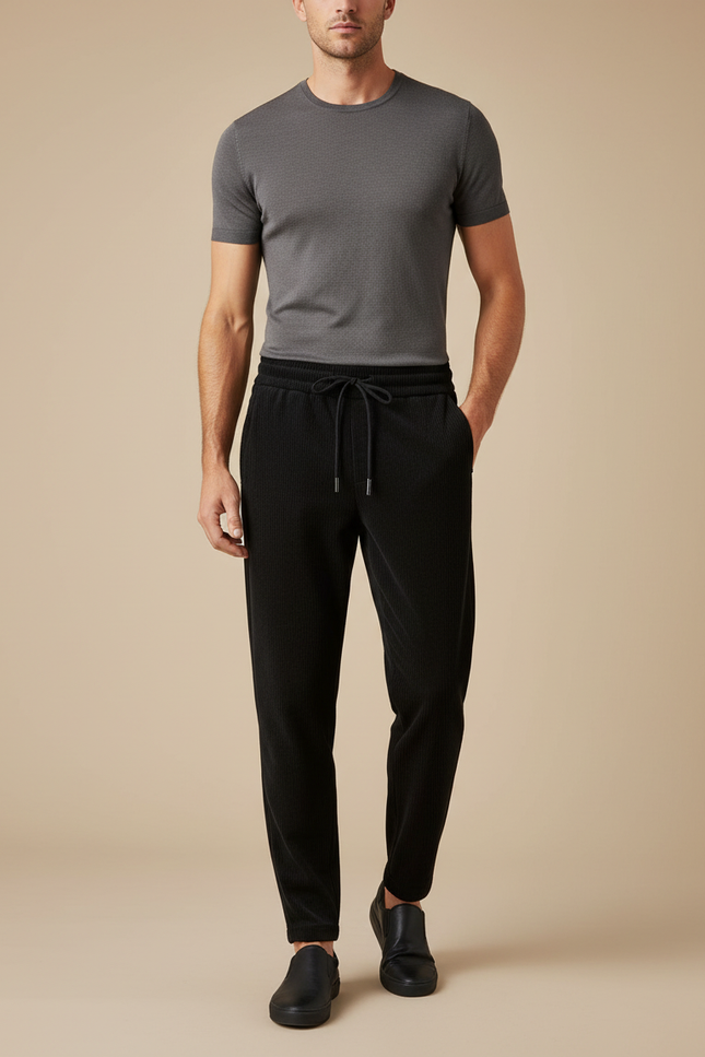 Pantalon Velours Noir Côtelé Cordon Décontracté Homme