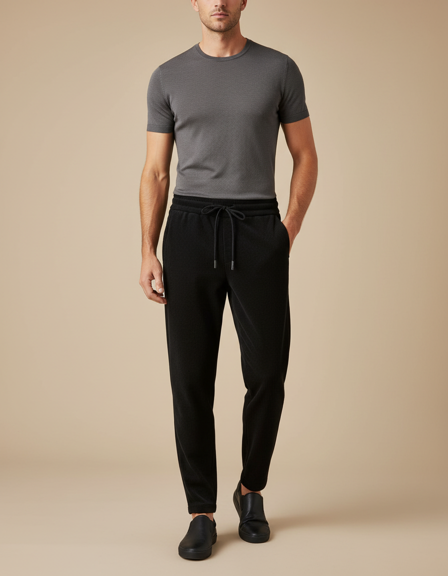Pantalon Velours Noir Côtelé Cordon Décontracté Homme
