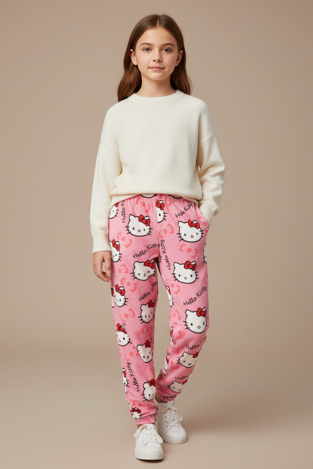 Pantalon Velours Rose Hello Kitty Ample Confortable Enfant - Molleton