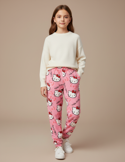 Pantalon Velours Rose Hello Kitty Ample Confortable Enfant - Molleton